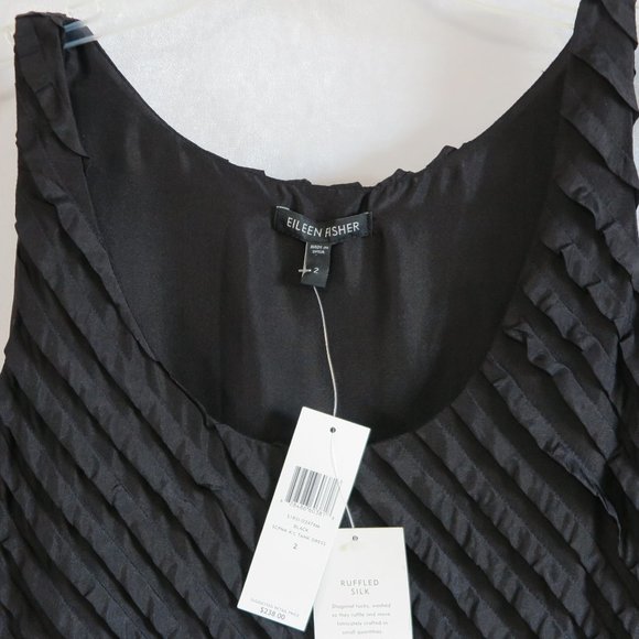 NWT Eileen Fisher Black Ruffled Silk Scoopneck Tank Dress Size 2 MSRP $238 - Picture 4 of 8